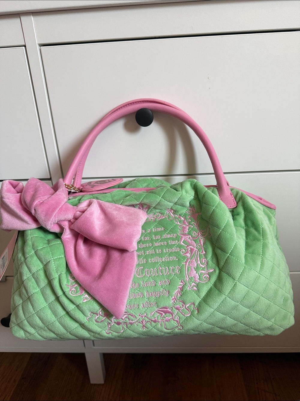 Juicy Couture Mint Green Quilted Satchel with Pink Bow Trim